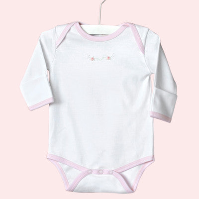 Long Sleeve White Onezie With Pink Trim